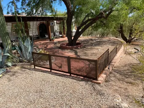 Low steel fence with mesh panels around a desert garden bed under a mesquite