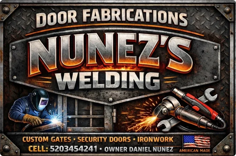 The Nunez's Welding sign: Door Fabrications, custom gates, security doors, ironwork, owner Daniel Nunez